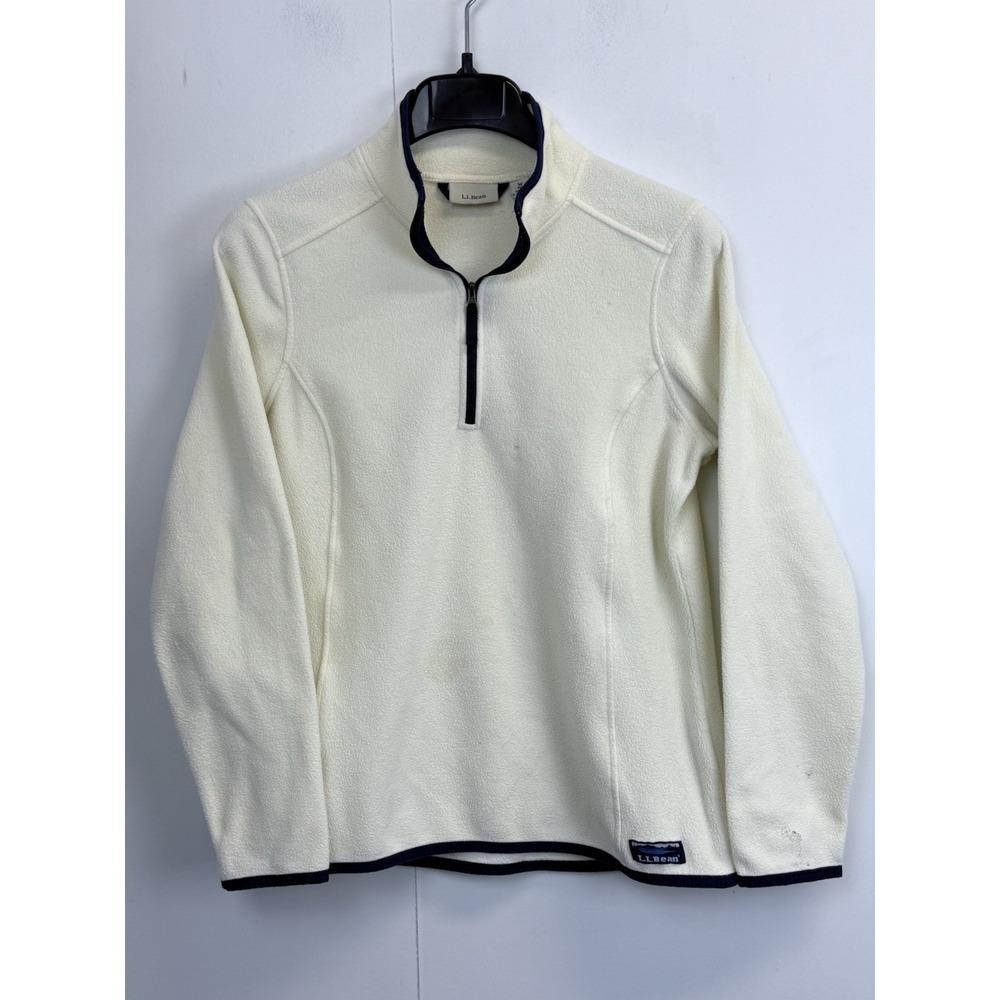 L.L. Bean Women's Size M Fleece Pullover 1/4 Zip‎ Cream Navy Accents Mockneck